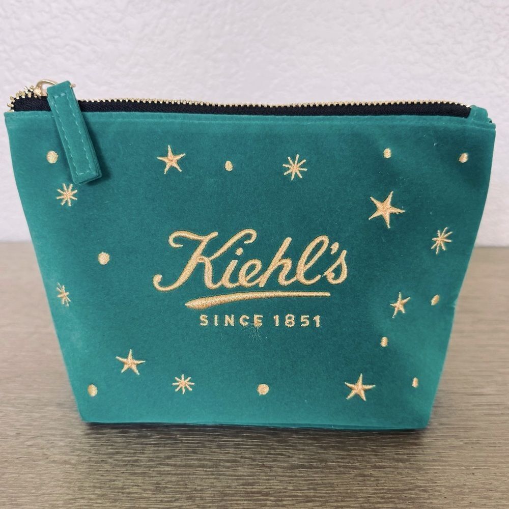 Kiehl’s Teal Green Velvet Cosmetic Makeup Bag Zipper Pouch